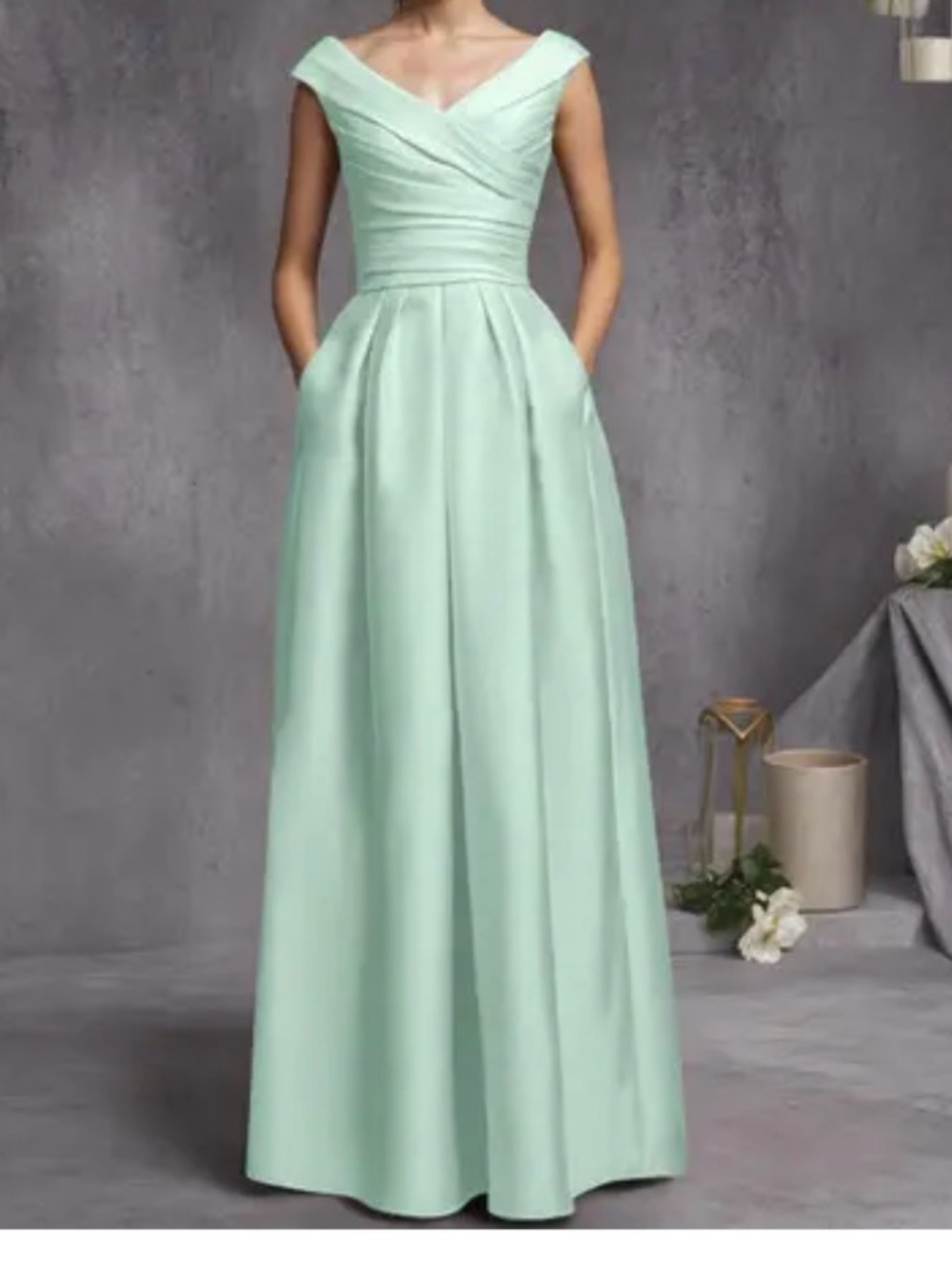 Mint Green Off-Shoulder Pleated Bodice Maxi Dress